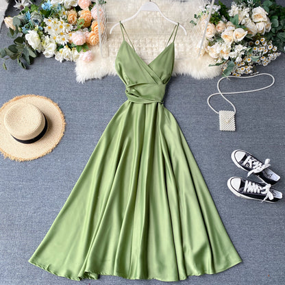 Gentle style long skirt 2025 new backless lace-up waist suspender dress R2354