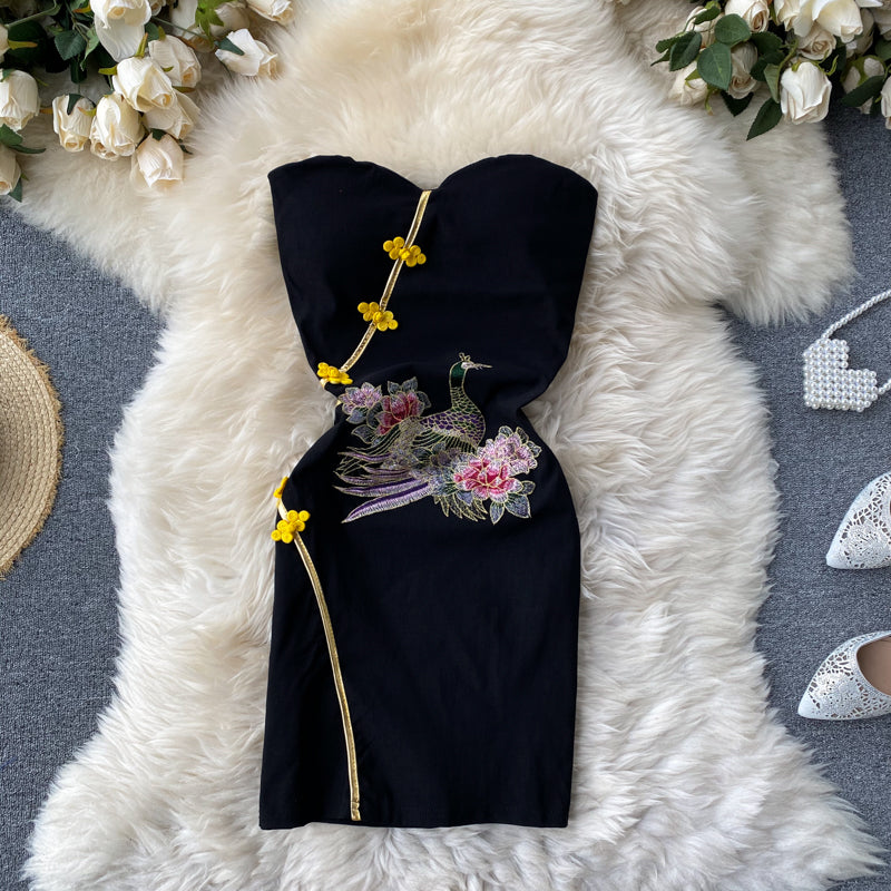 Chinese style modified cheongsam dress one shoulder slim fit temperament sexy hip short skirt R2317