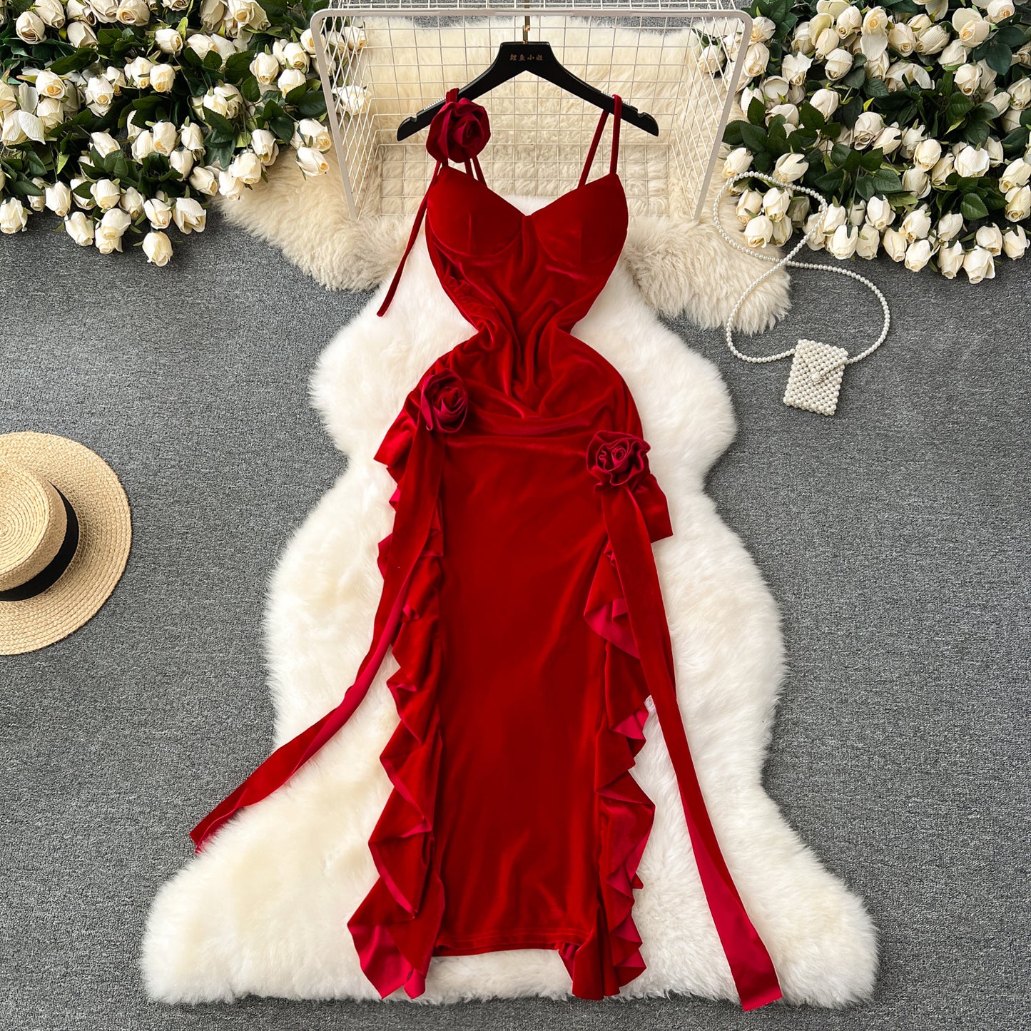 Red dress French retro velvet toast dress sexy heavy three-dimensional flower slit dress R2316