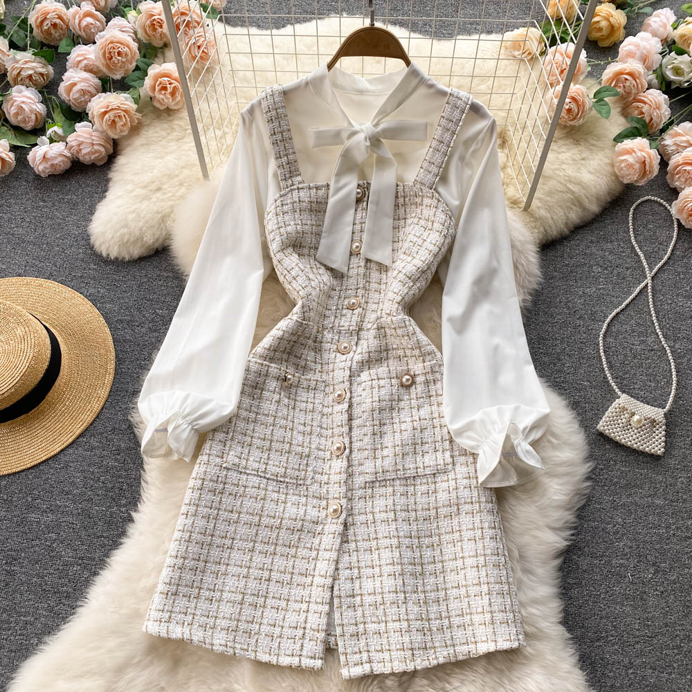 Temperament bow tie long-sleeved white shirt two-piece suit plaid suspender dress R2340