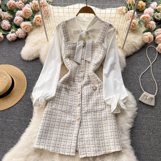 Temperament bow tie long-sleeved white shirt two-piece suit plaid suspender dress R2340