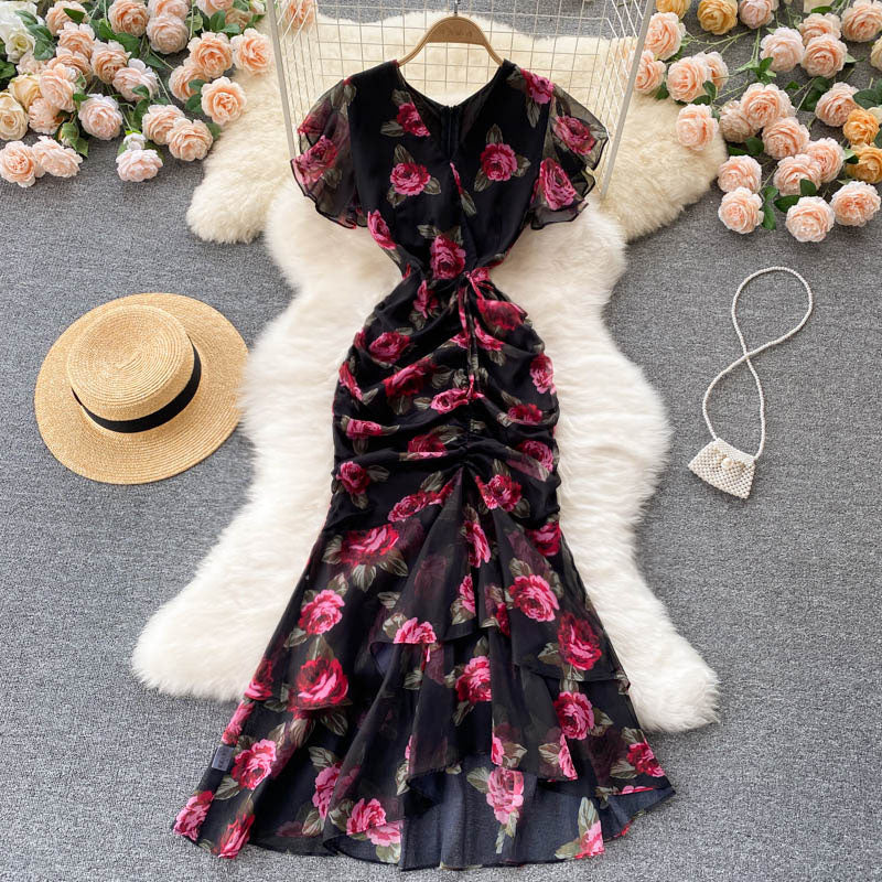 2025 new style celebrity chiffon printed dress temperament ruffled fishtail dress skirt R2267