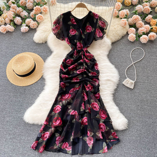 2025 new style celebrity chiffon printed dress temperament ruffled fishtail dress skirt R2267