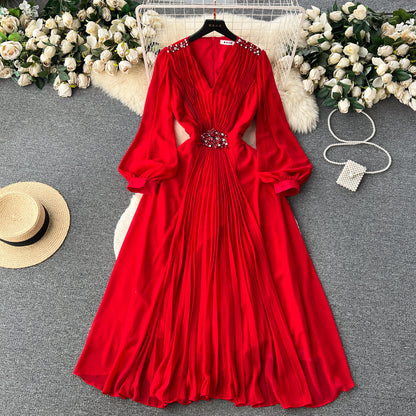 French retro V-neck lantern sleeves diamond dress with slim waist and elegant long skirt R2270