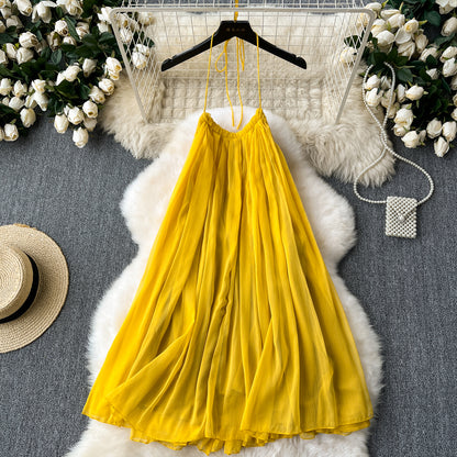 French style dress outfit holiday style sleeveless halter neck backless chiffon dress R2282