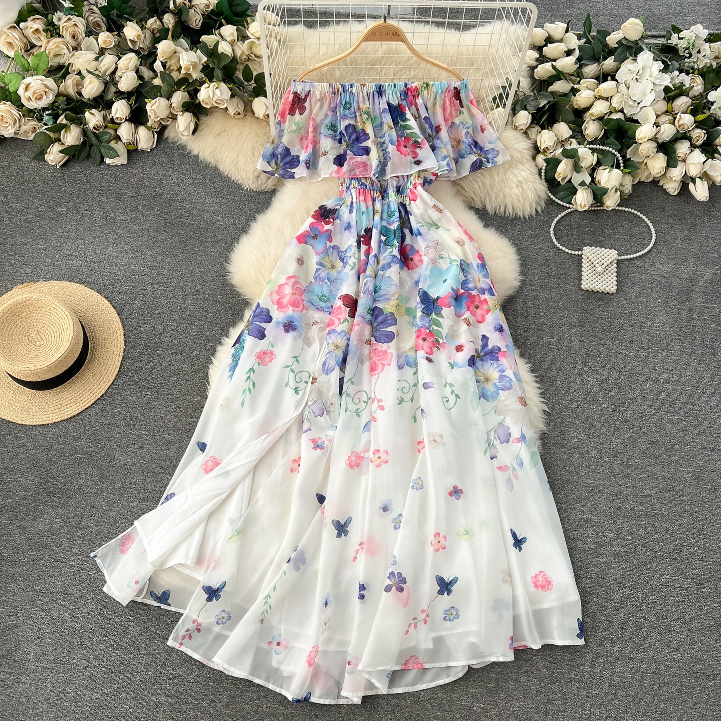 2025 New Flower Series Holiday Dress Ruffled One Shoulder Slim Long Fairy Dress R2321