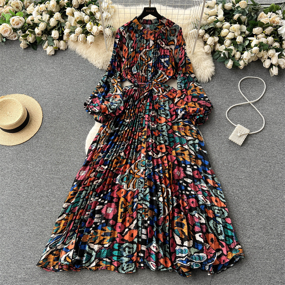 High-end temperament round neck lantern long sleeve waist slimming printed pleated dress R2302