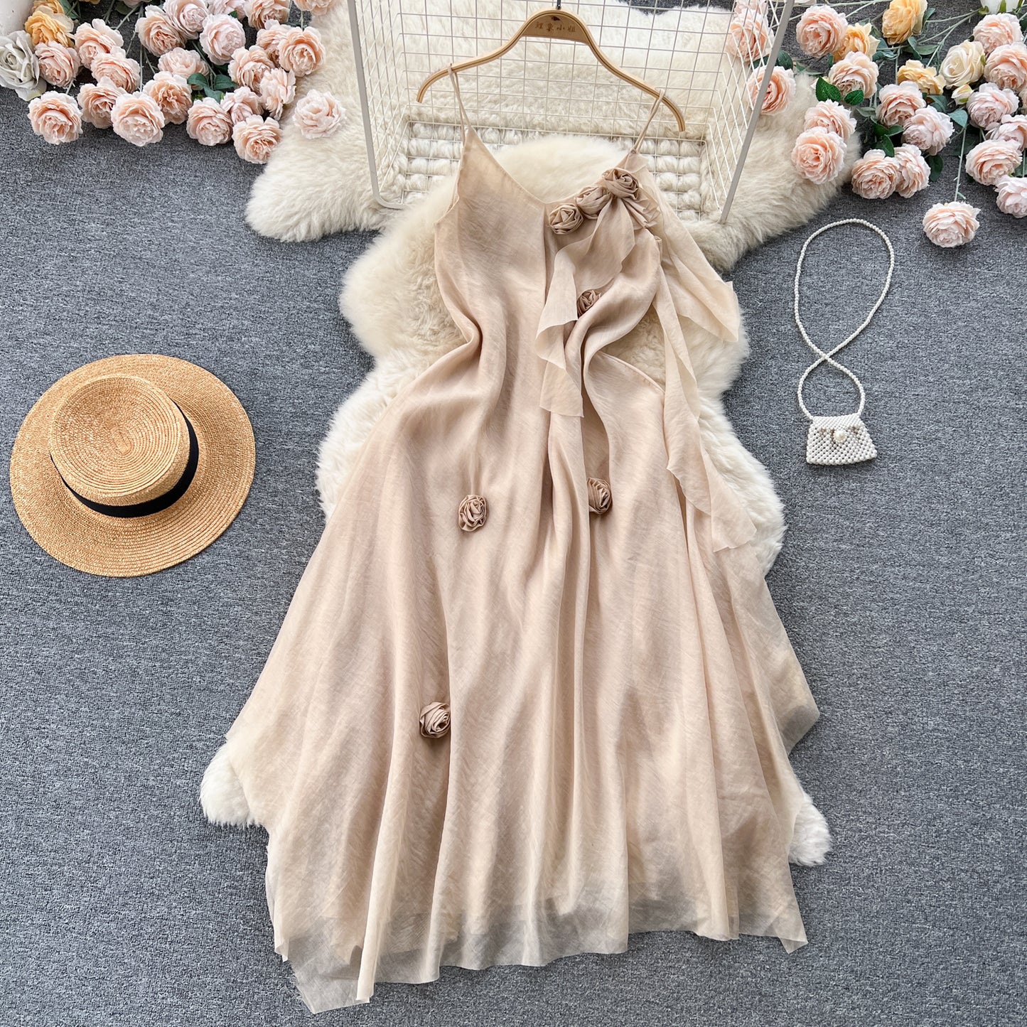 French sleeveless suspender dress 2025 new slim three-dimensional flower chiffon long skirt R2355