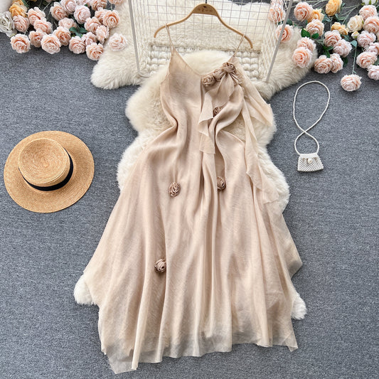 French sleeveless suspender dress 2025 new slim three-dimensional flower chiffon long skirt R2355