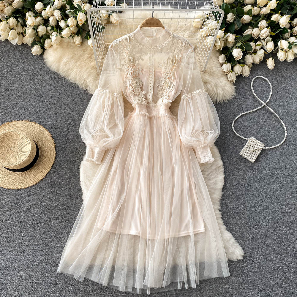 Three-dimensional flower mesh elegant stand-up collar lantern sleeve high waist suspender dress R2348