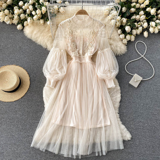 Three-dimensional flower mesh elegant stand-up collar lantern sleeve high waist suspender dress R2348