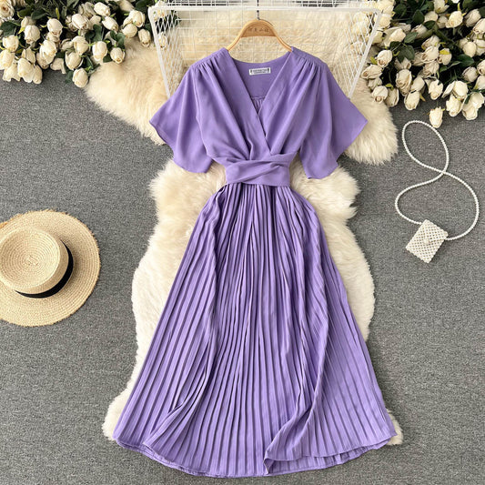 French slim fit long holiday style chiffon pleated maxi dress temperament V-neck dress R2353