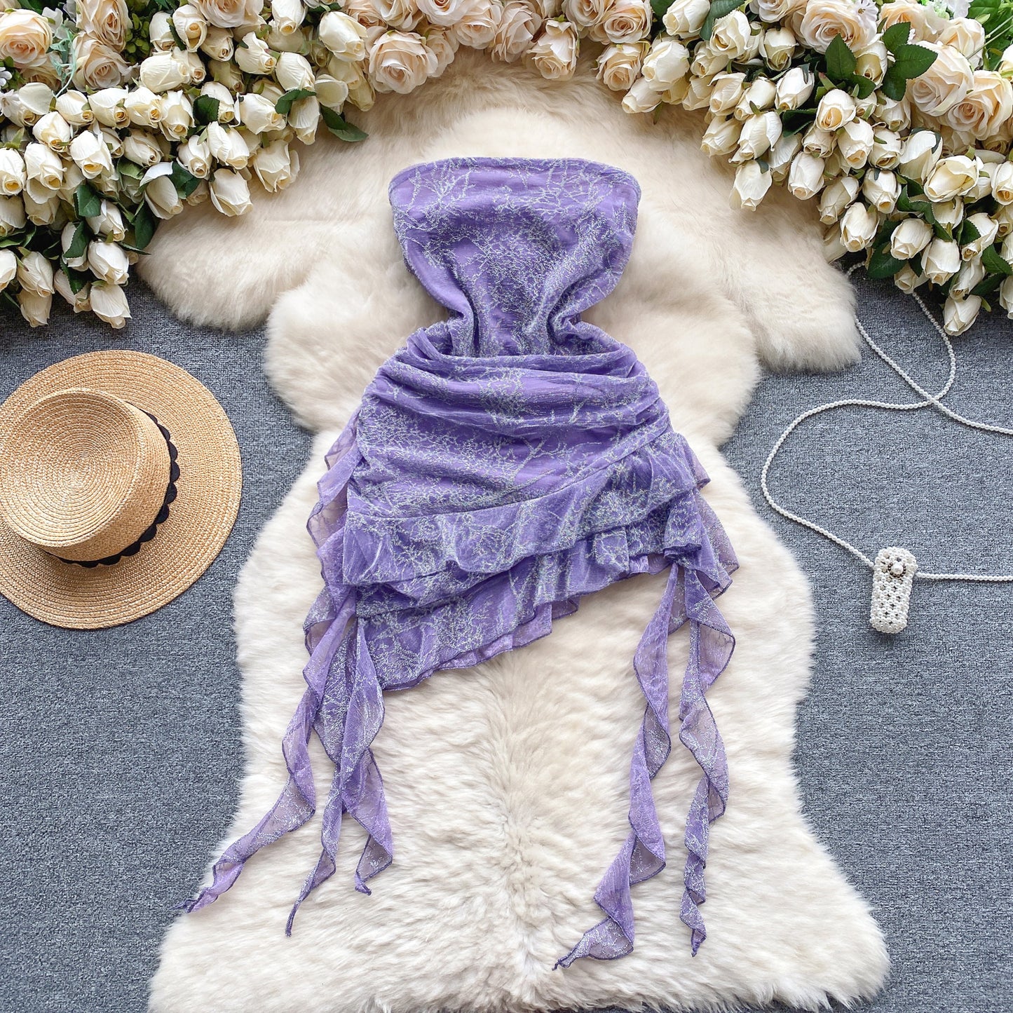 European and American sweet and cool hot girl style sexy dress ruffled short skirt tube top dress R2289