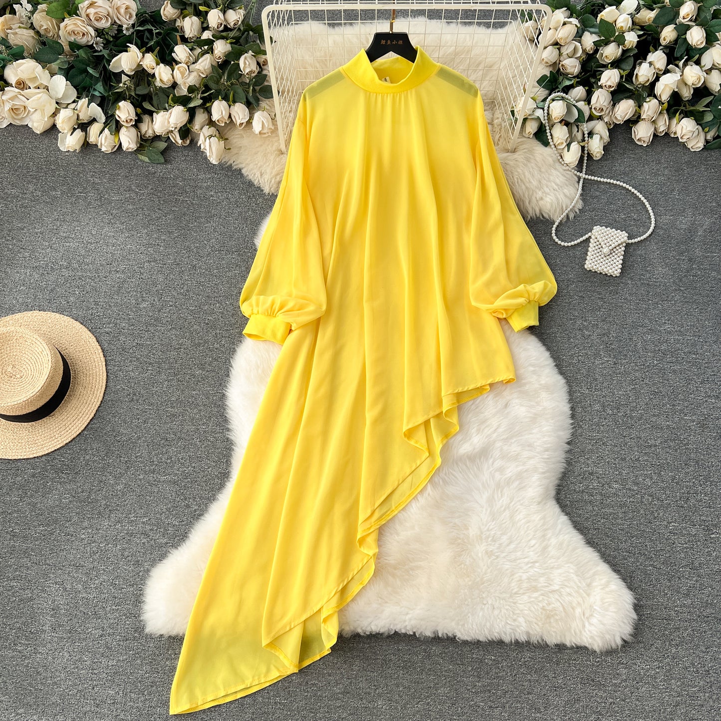 European and American large size chiffon design irregular mid-length puff sleeve dress R2326