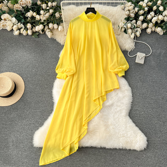 European and American large size chiffon design irregular mid-length puff sleeve dress R2326