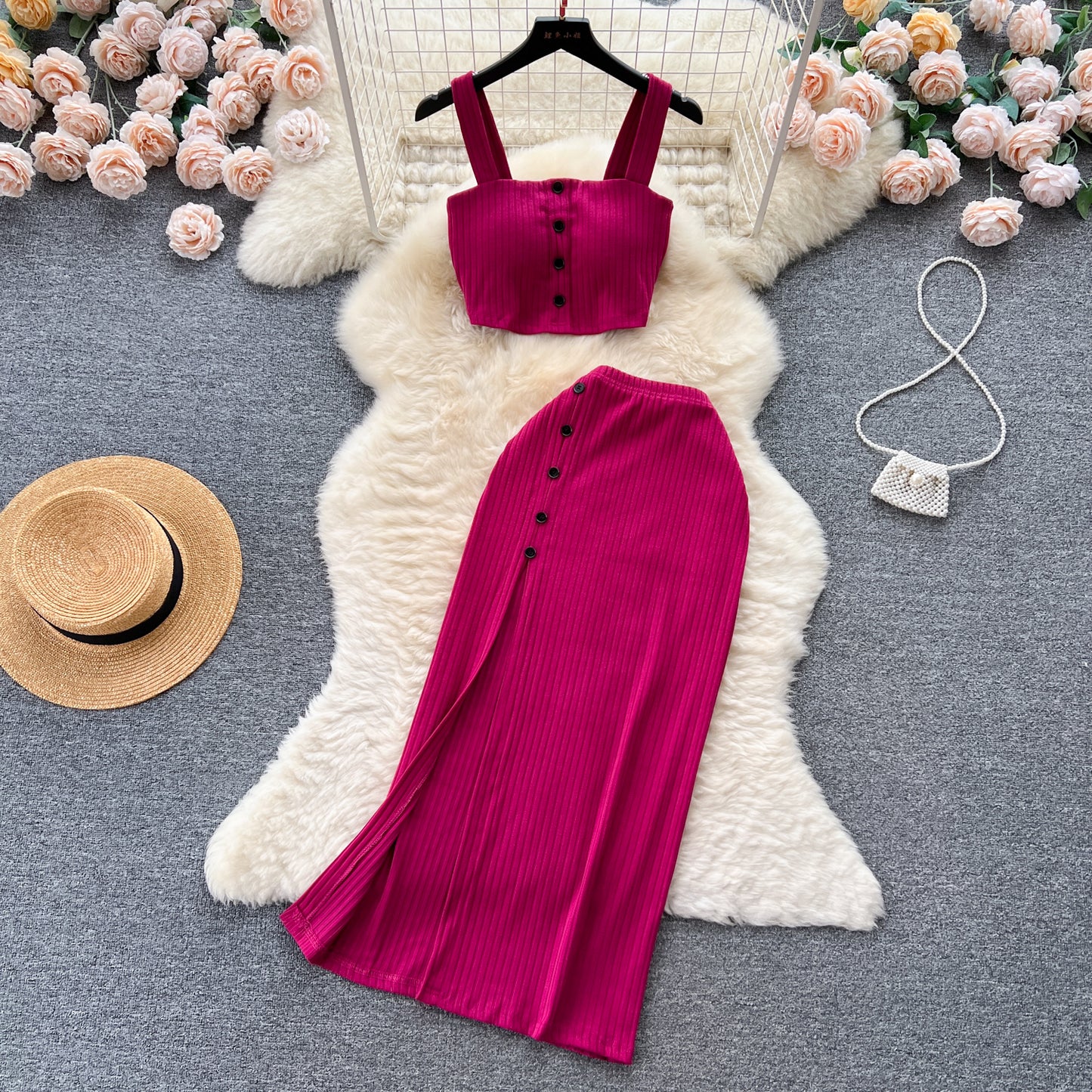 Small pure desire suit French short tube top camisole vest high waist slim slit skirt R2263