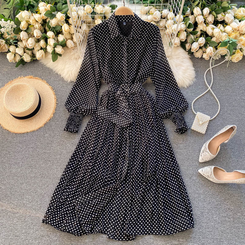 French dress 2025 new women's POLO collar slim fit long polka dot chiffon pleated skirt R2310