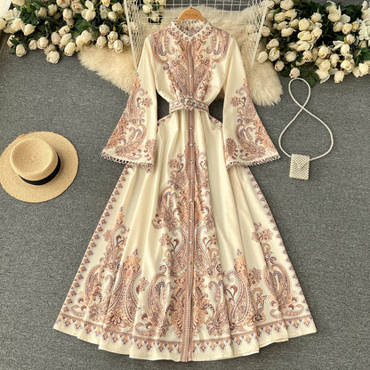 New ethnic style stand-up collar trumpet sleeves printed dress waist knee-length skirt R2334
