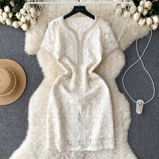 French beaded lace hook flower short sleeve dress high waist slim temperament short skirt R2276