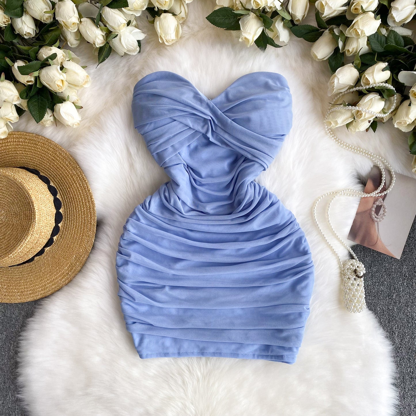 Sexy sleeveless tube top dress pure desire hot girl pleated slim hip small mesh skirt R2328