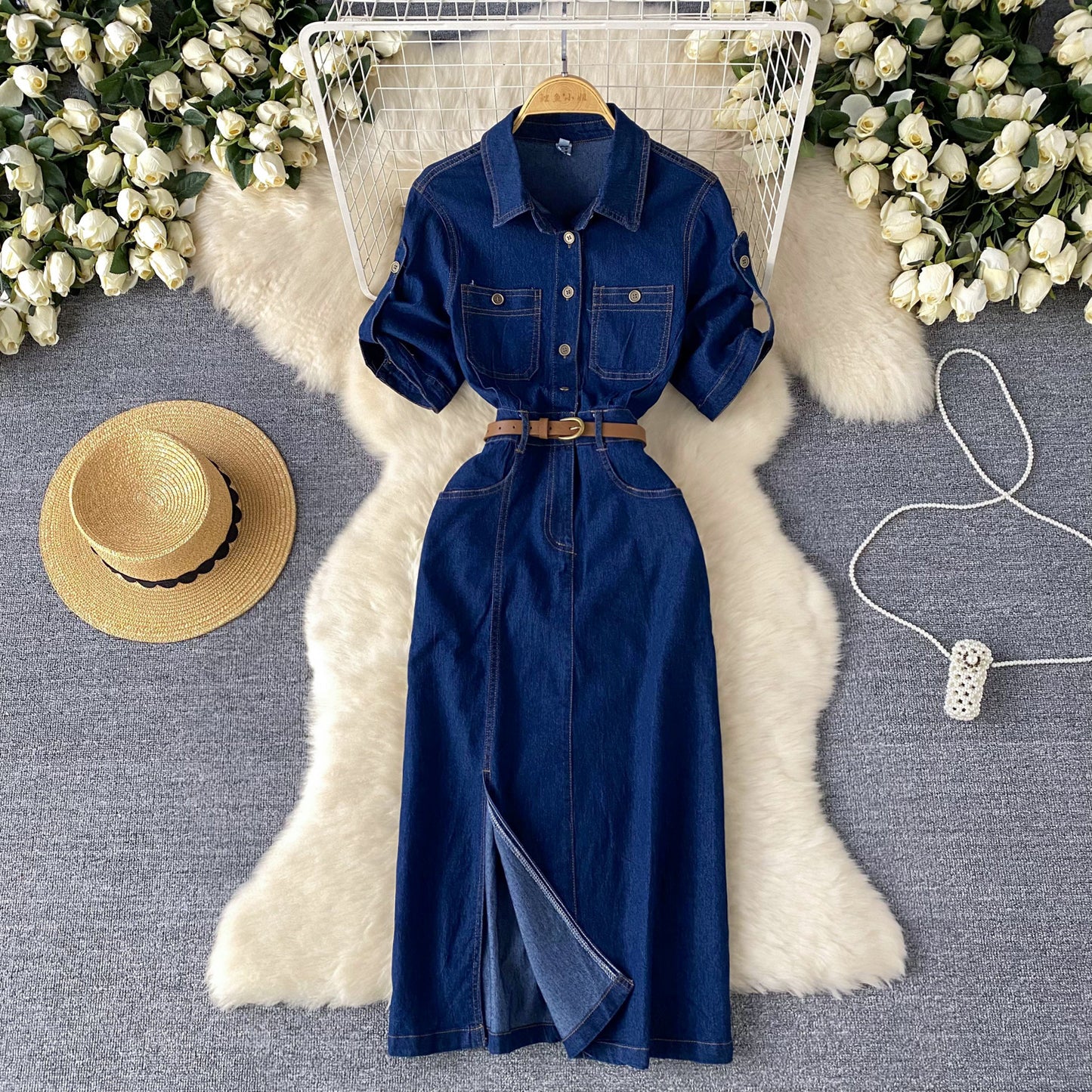 Light luxury high-end Polo collar denim dress split waist belt design niche long skirt R2333