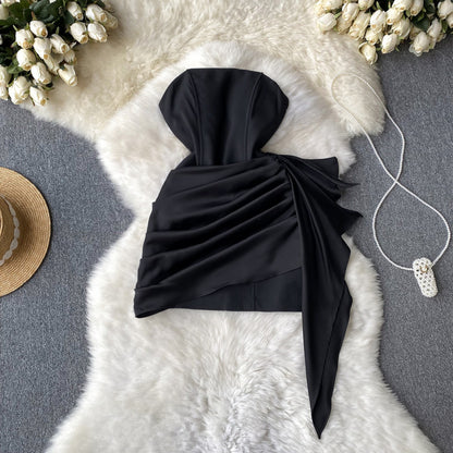 Sexy pure desire style irregular ruffled tube top dress temperament Hepburn style evening dress R2298