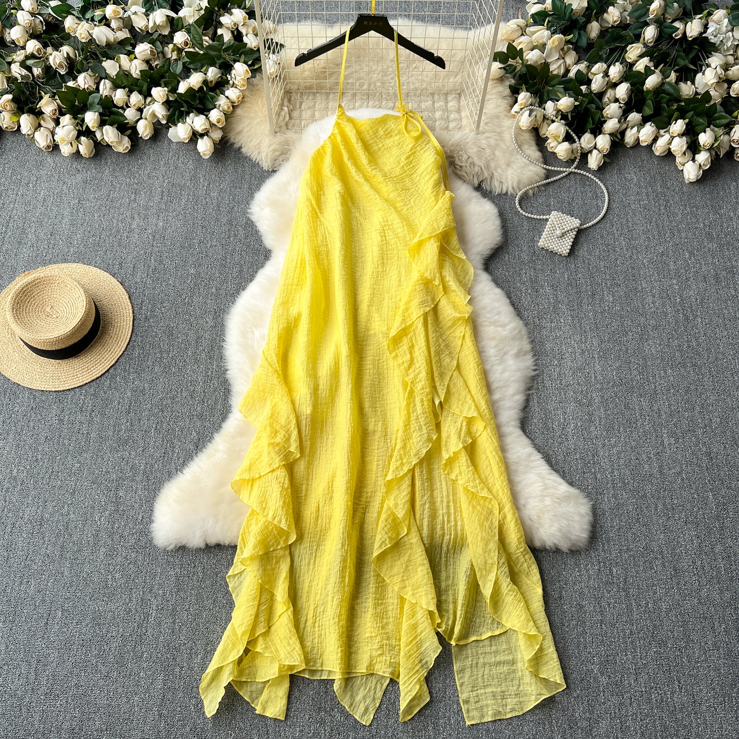 Yellow holiday style dress ruffle stitching halter neck suspender dress French long skirt R2286