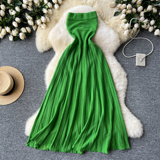 High-end holiday knitted long skirt sexy waist slimming temperament tube top dress R2272