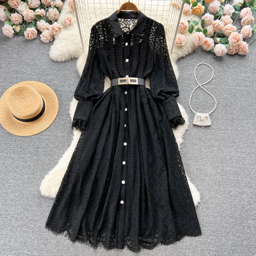 New style lapel heavy hook flower hollow French lace dress sexy long skirt R2306