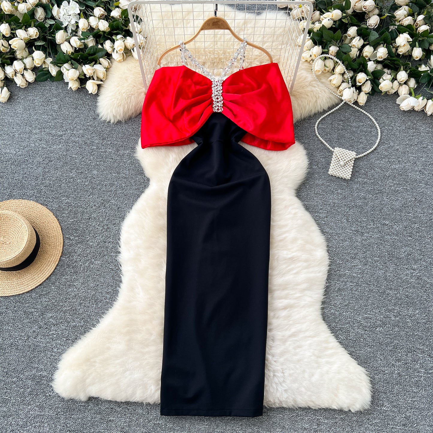 Evening dress high-end dress diamond-studded halter neck bow slim dress R2329