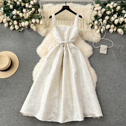 High-end dress palace style French retro jacquard big swing skirt temperament waist vest dress R2290