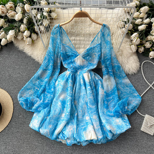 Sweet hot girl lantern sleeve waist backless puffy floral dress princess petite short skirt R2327