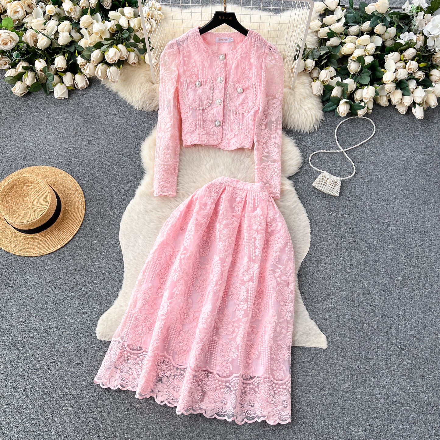 Chanel style suit short round neck puff sleeve lace top high waist wide skirt two-piece suit R2323