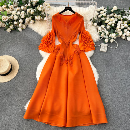 Palace style dress with tassels, V-neck, slim fit, long, pleated, trumpet sleeves R2260