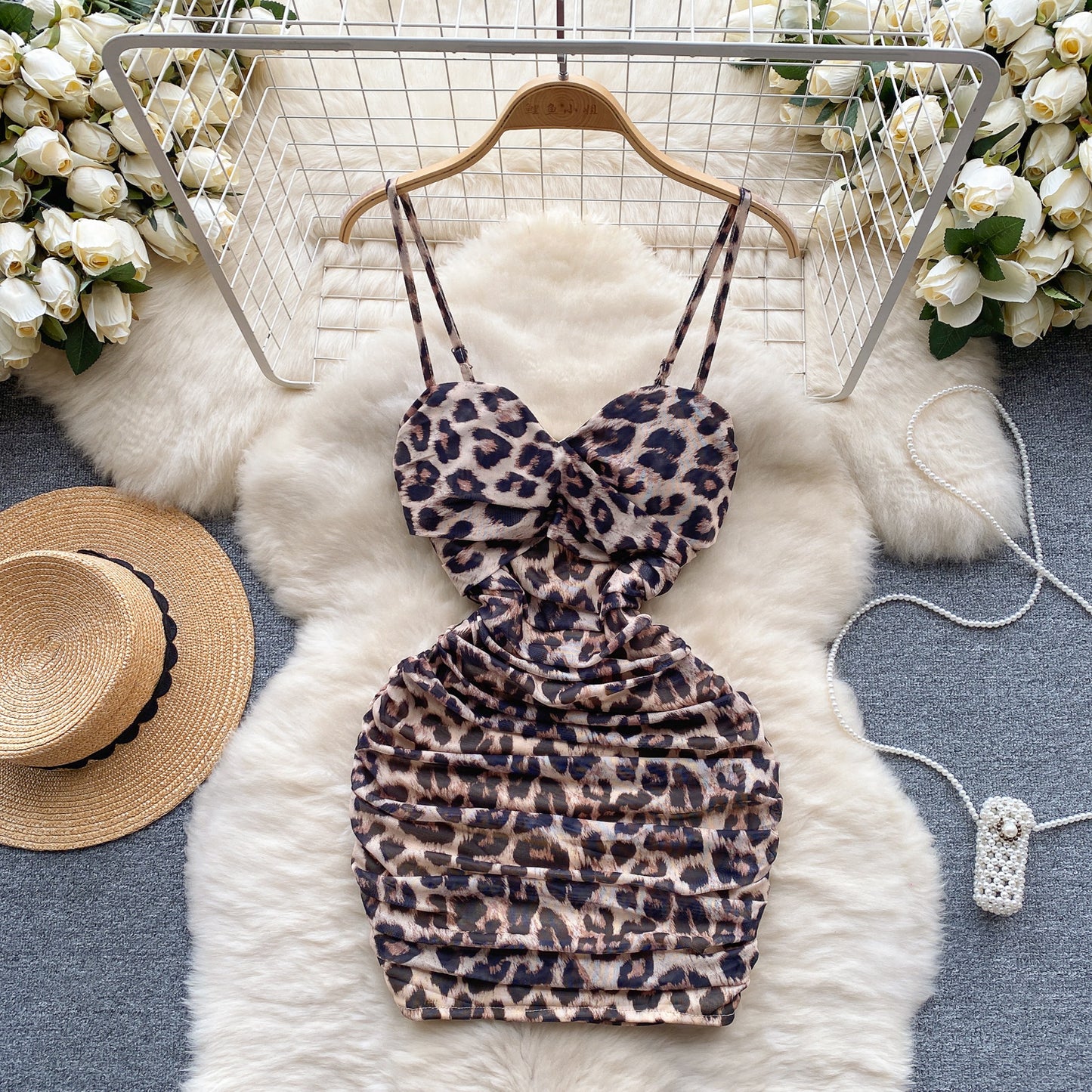 Sexy elastic mesh dress 2025 new pleated slim short sexy hip suspender skirt R2268