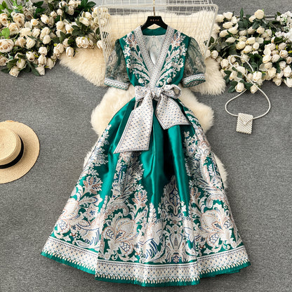 Retro palace style dress with printed straps and waisted long French puff sleeves R2312