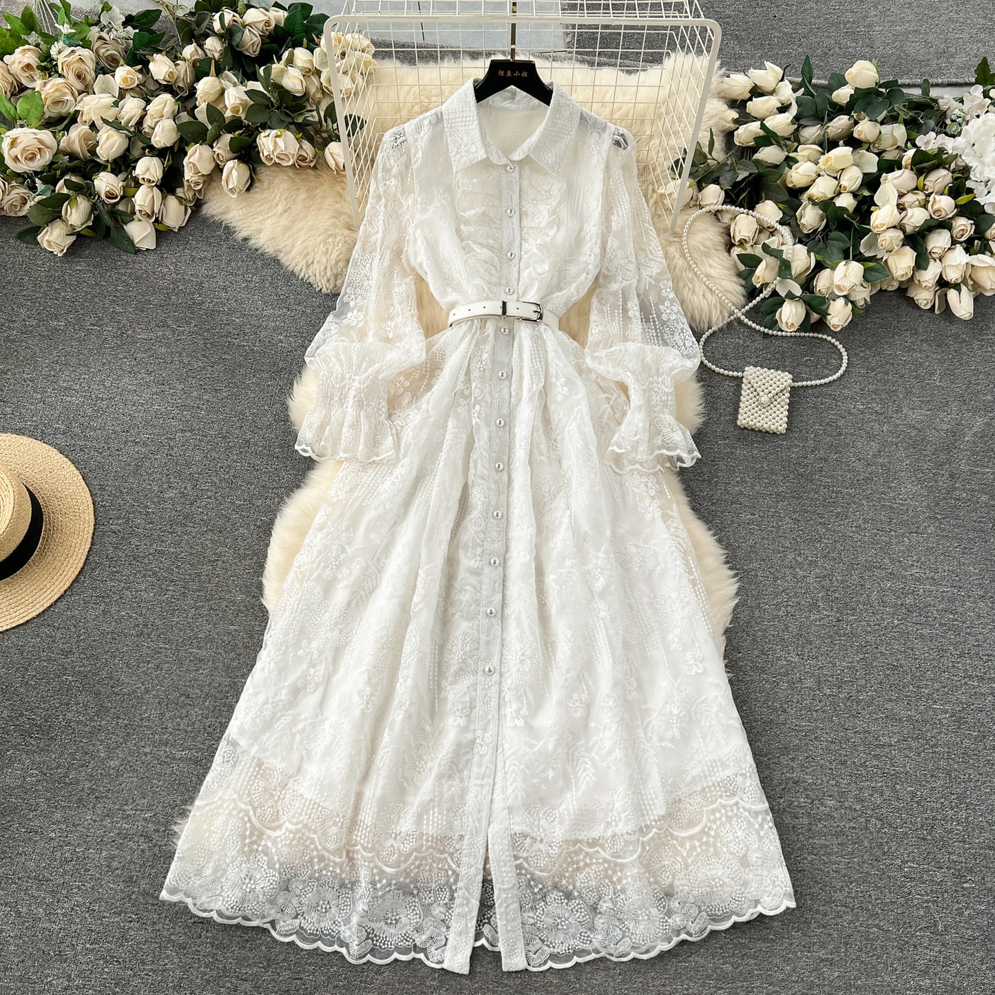 French court style dress with ruffled edges, slim-fitting long lace dress, high-end dress R2304