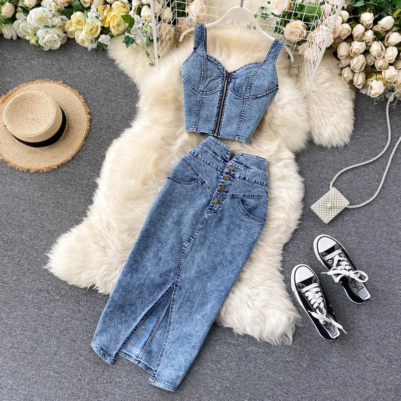 Women's suits 2025 new sexy short camisole high waist denim skirt trend R2273