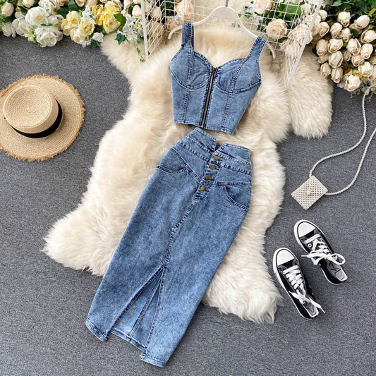 Women's suits 2025 new sexy short camisole high waist denim skirt trend R2273