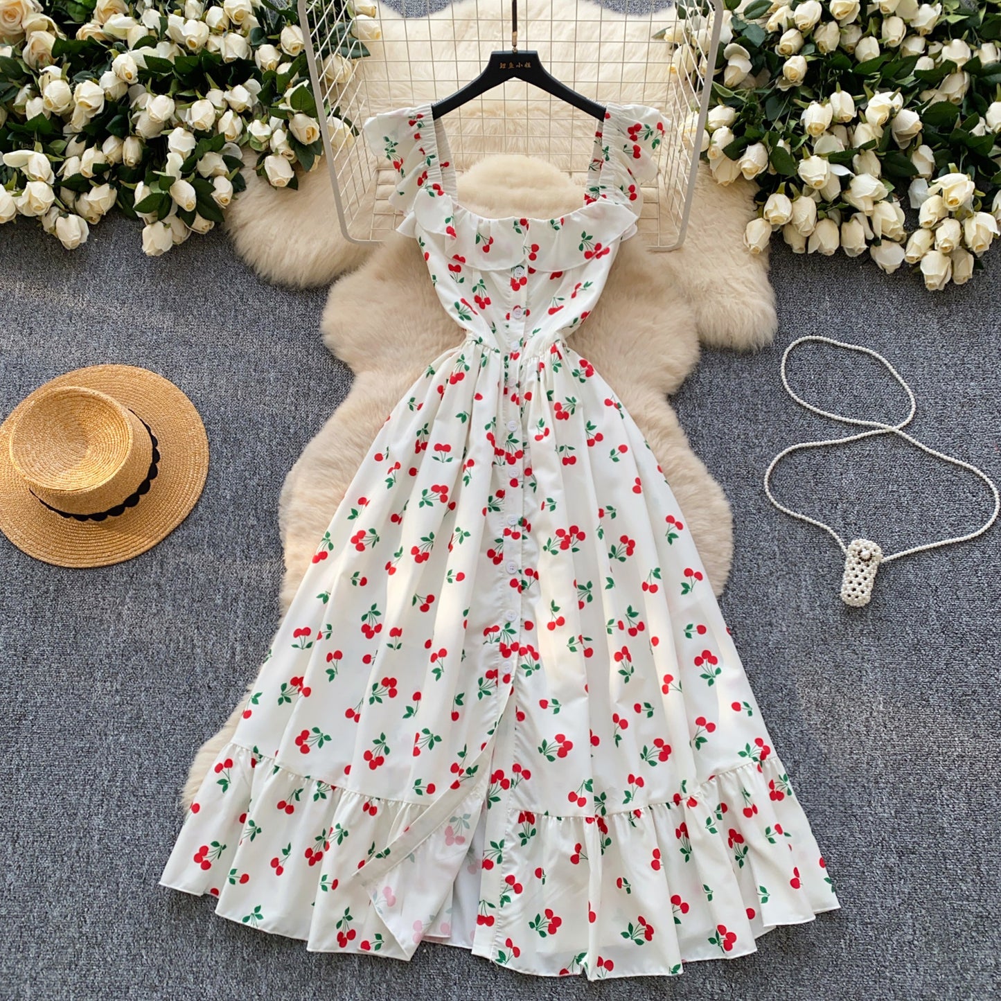 French style square collar, small flying sleeves, slim waist, single-breasted cherry print dress R2339