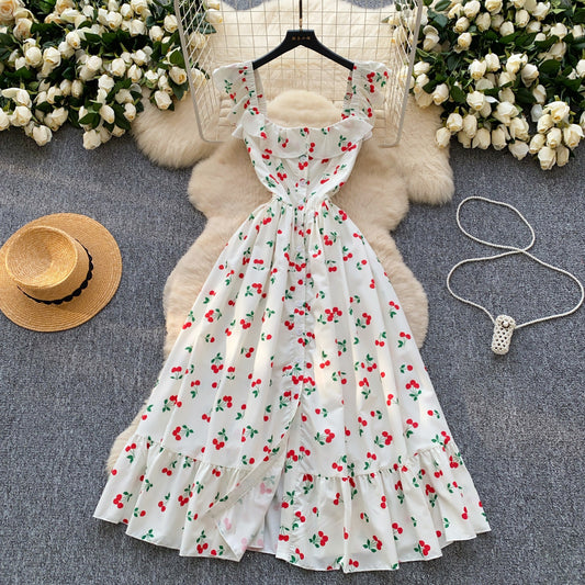 French style square collar, small flying sleeves, slim waist, single-breasted cherry print dress R2339