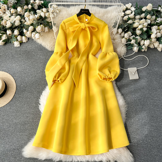 European and American high-end party dress bow tie lantern long sleeve waist big swing dress R2351