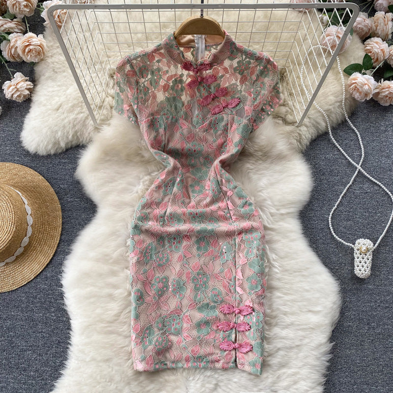 New retro embroidery print improved girl dress short sleeve slit hip cheongsam R2287