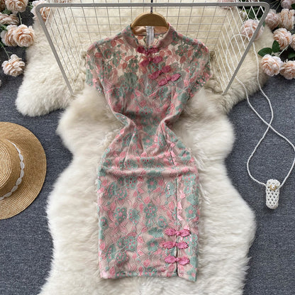 New retro embroidery print improved girl dress short sleeve slit hip cheongsam R2287