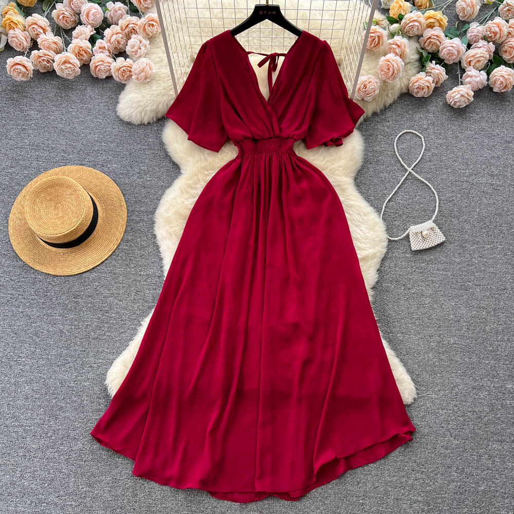 Chiffon dress 2025 new style temperament V-neck elastic waist slim long holiday beach dress R2280