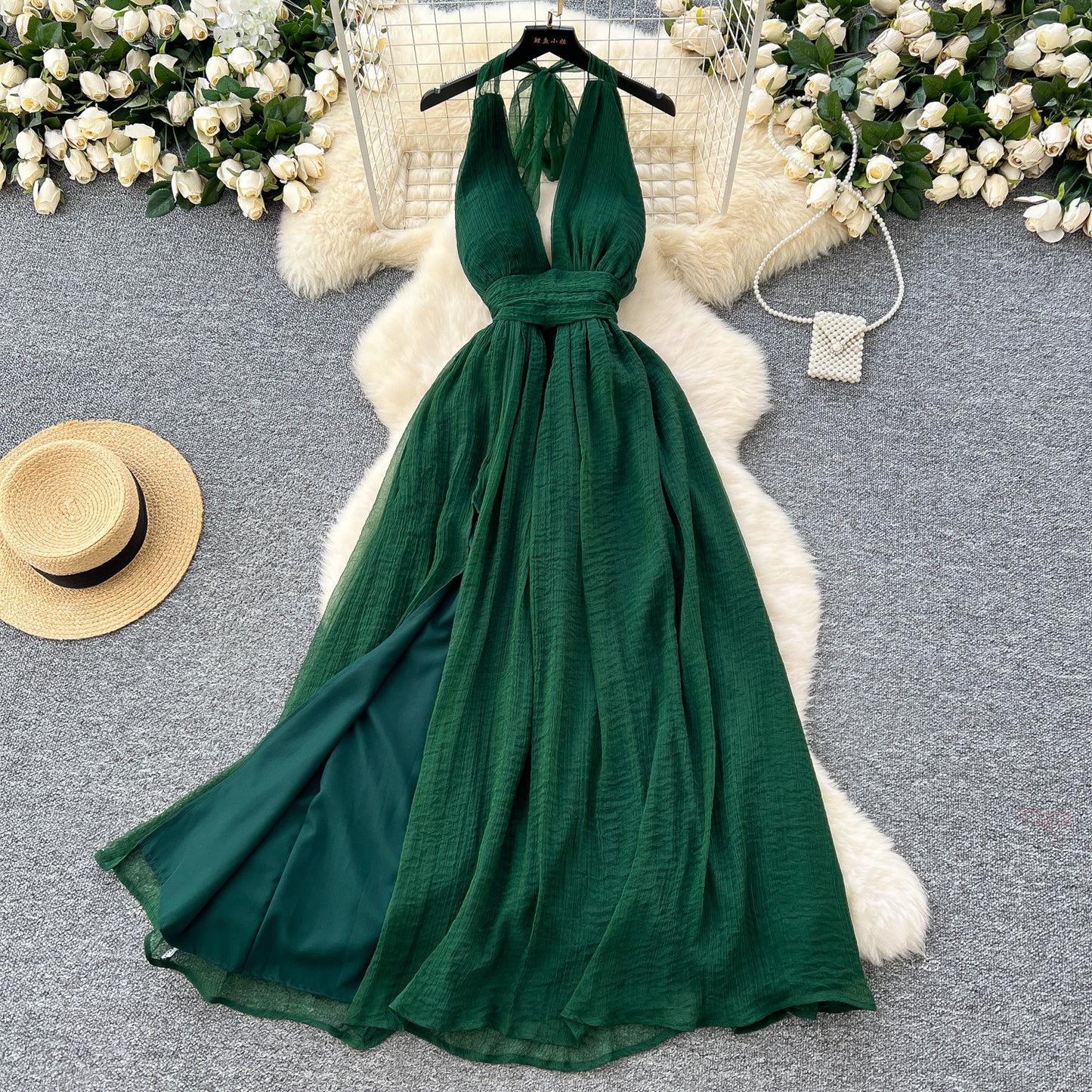 Elegant dress French style deep V-neck halter neck strap waist slit backless holiday long dress R2264
