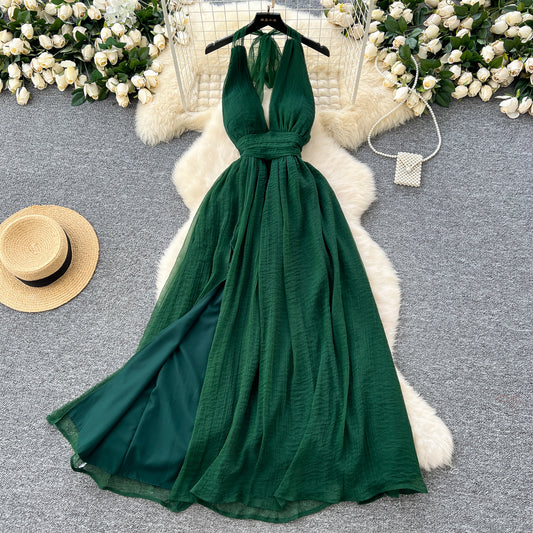 Elegant dress French style deep V-neck halter neck strap waist slit backless holiday long dress R2264