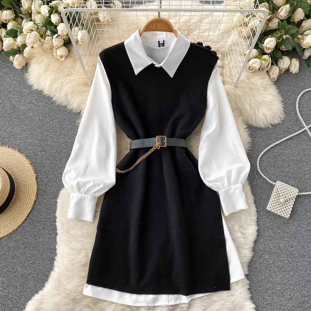 French style small white shirt dress knitted vest vest dress layered waist two-piece suit R2332