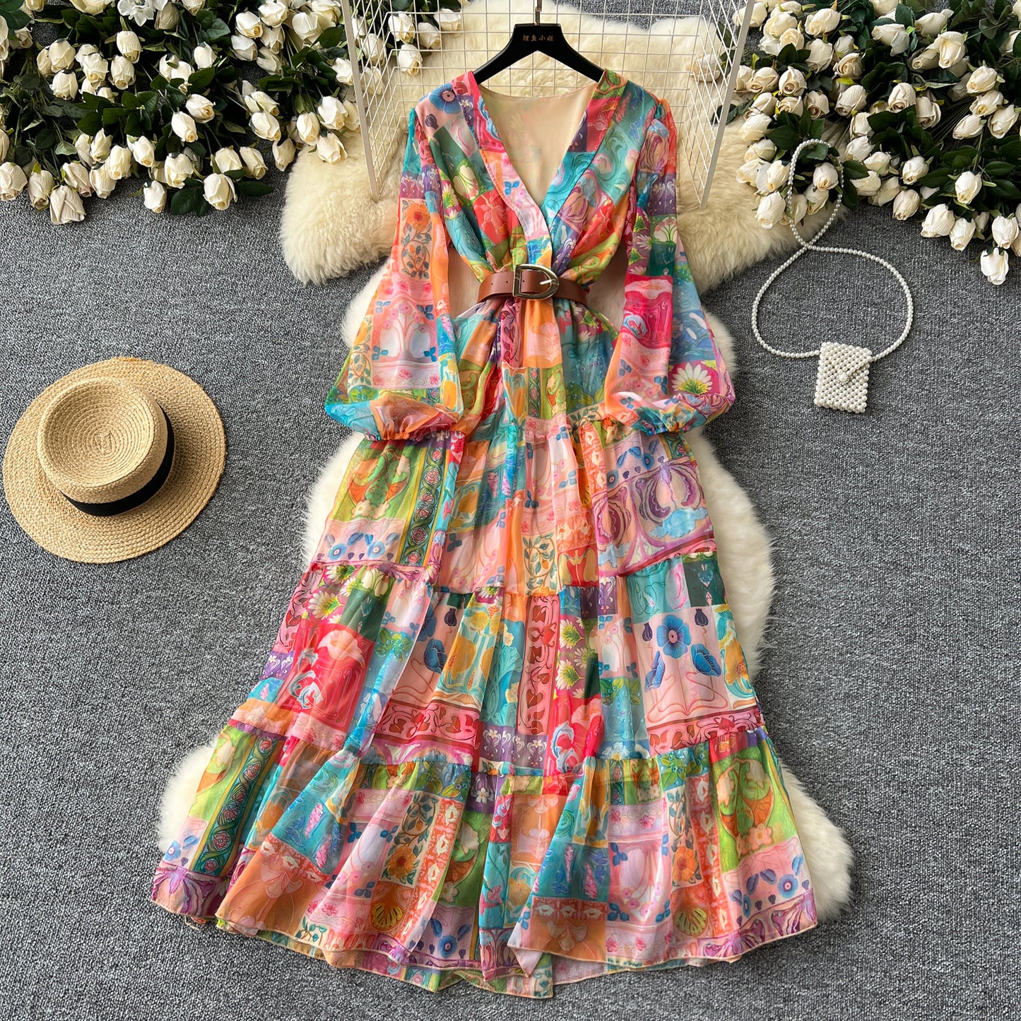 European and American style dress V-neck lantern sleeve waist wide swing ruffled long skirt R2313