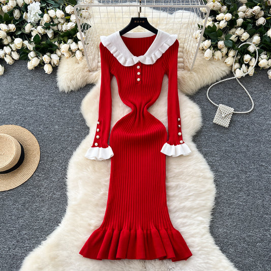 French retro contrast color doll collar waist knitted dress elastic slim fit skinny ruffled long skirt R2344